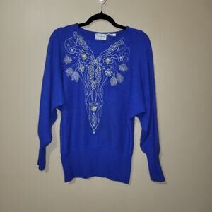 Vtg Cedars Beaded Sweater Women's Small Blue 80s Silk‎ Lambswool Angora Blend
